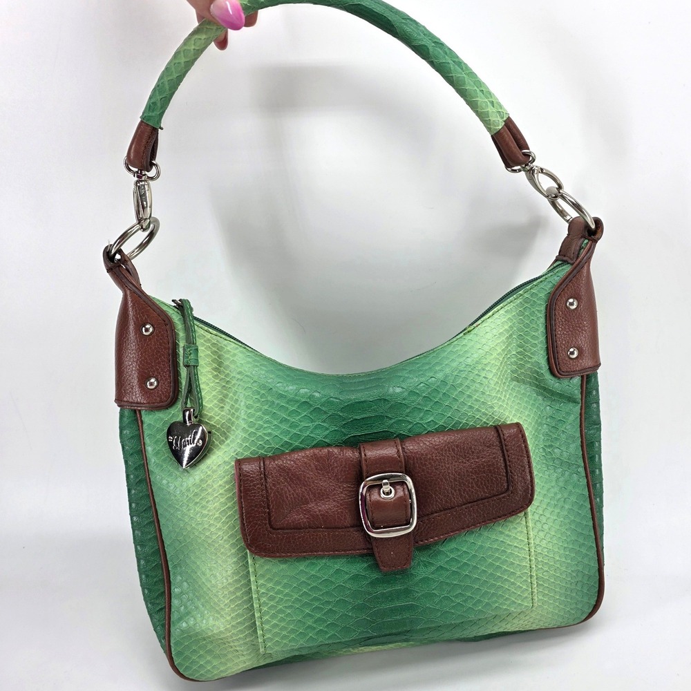 Vintage Sharif Studio Shoulder Bag Green Leather Snakeskin Embossed Hobo Y2K Art